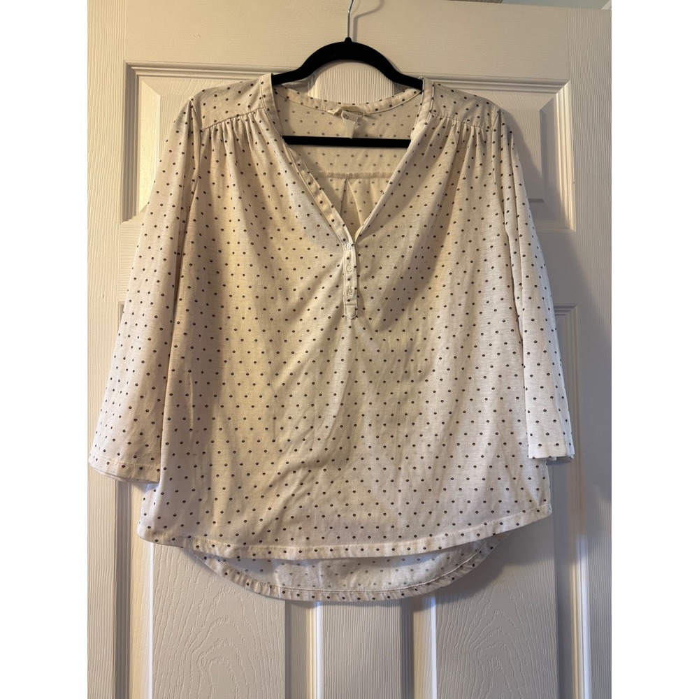 H&M White Polka Dot 3/4 Sleeve V-Neck Blouse Top Brown Dots Medium